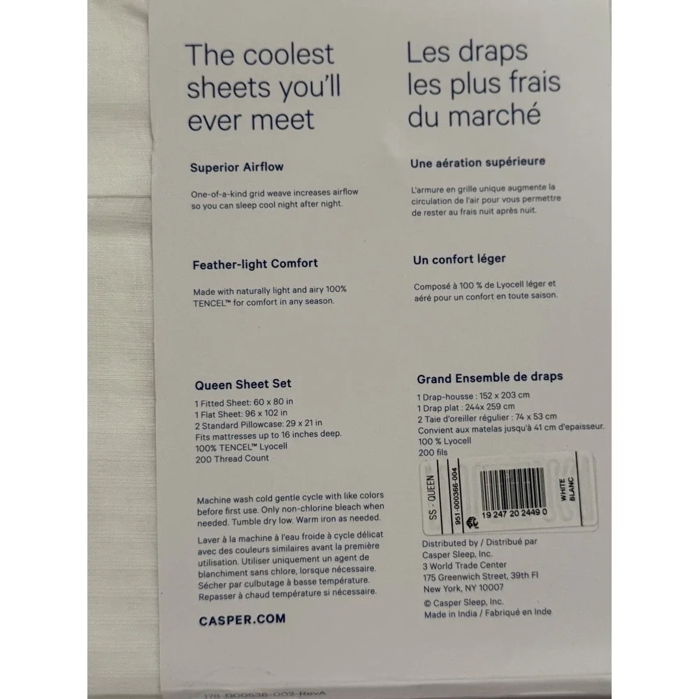 Casper Hyperlite Cooling Grid Weave 100% Lyocell WHITE 4pc QUEEN Sheet Set NWT!